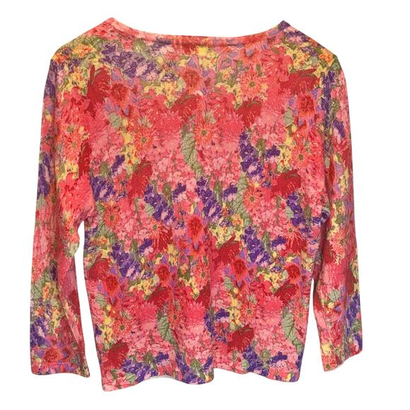 Garnet Hill Pink Floral Merino Wool Cardigan Sweater - size Large - Picture 2 of 5
